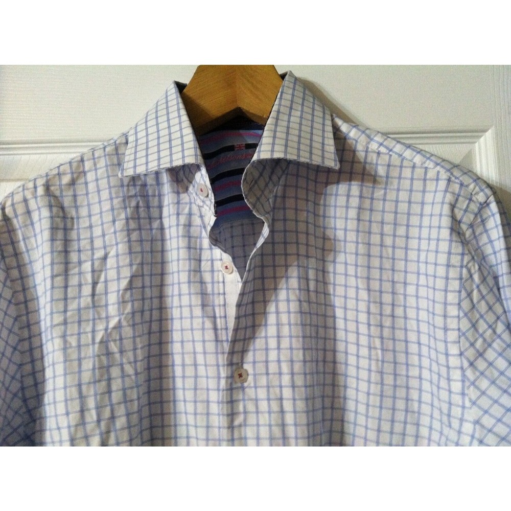 MICHELSONS LONDON MENS WHITE 100%COTTON PLAID DRESS SHIRT SIZE: L/LONG SLEEVE